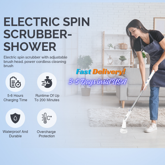 Greater Range Electric Spin Scrubber with Six Detachable Cleaning Brushes-Cordless-IPX-7-Ivory White
