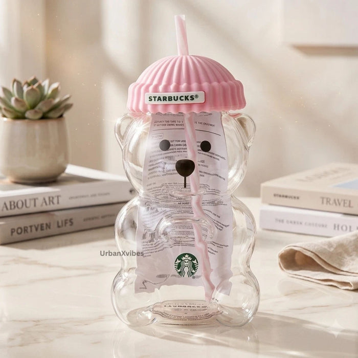 2026 New Starbucks Bearista Pink Bear Glass Tumbler Cold Cup Straw 20ozGift SET Starbucks