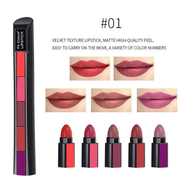 Multi-Color Matte Velvet Lipstick 5-in-1 Per Stick, Long Lasting, Non-Drying
