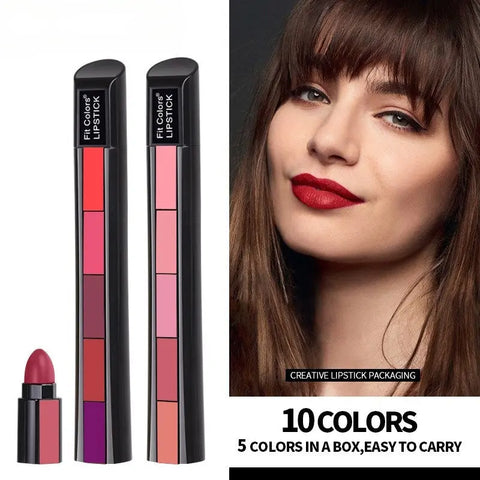 10-Color Matte Velvet Lipstick Set, Long-Lasting 5-in-1 Lipstick Kit - Eshoppingmart