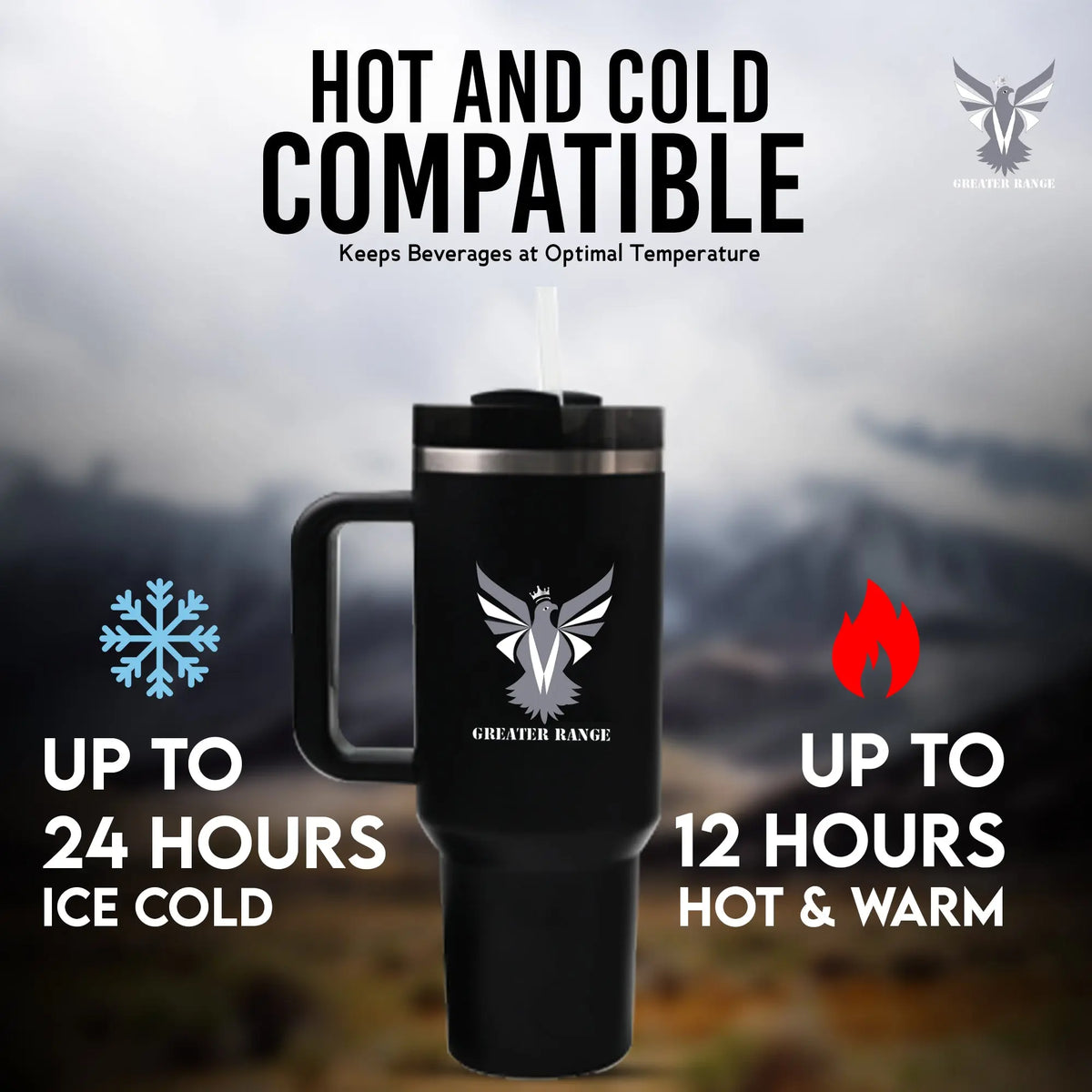 Greater Range Up-Graded 40 Oz Stainless Steel Double Wall Vacuum Insulated Travel Mug, with Two Lids & Straw, Black-Matte Finishing Eshoppingmart