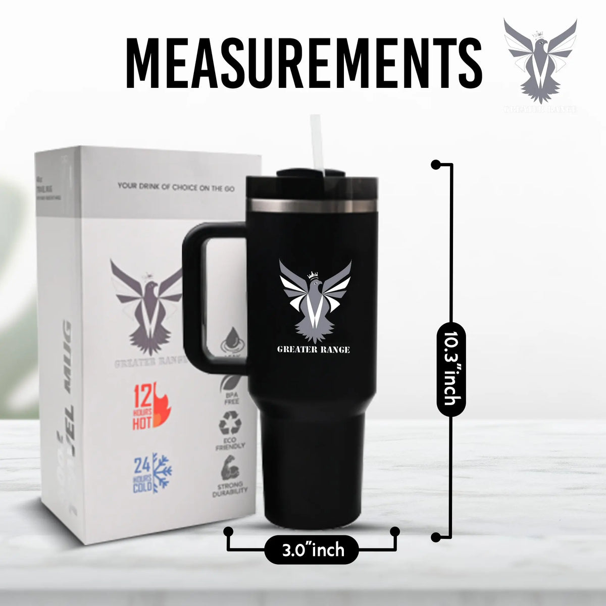 Greater Range Up-Graded 40 Oz Stainless Steel Double Wall Vacuum Insulated Travel Mug, with Two Lids & Straw, Black-Matte Finishing Eshoppingmart
