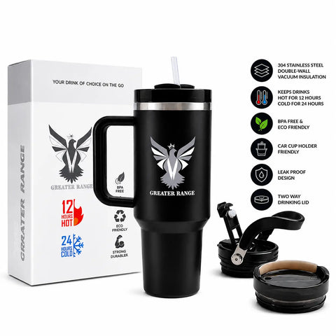 Greater Range Up-Graded 40 Oz Stainless Steel Double Wall Vacuum Insulated Travel Mug, with Two Lids & Straw, Black-Matte Finishing Eshoppingmart