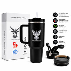 Greater Range Up-Graded 40 Oz Stainless Steel Double Wall Vacuum Insulated Travel Mug, with Two Lids & Straw, Black-Matte Finishing Eshoppingmart