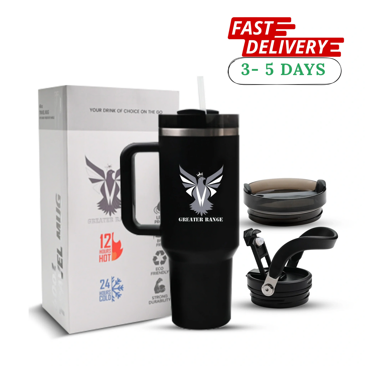 Greater Range 40 Oz Vacuum Insulated Stainless Steel Travel Mug – 18/8 Stainless Steel, BPA Free, 2 Lids & Straw Eshoppingmart