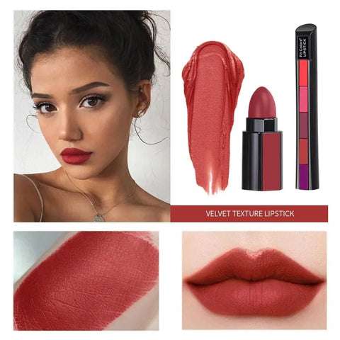10-Color Matte Velvet Lipstick Set, Long-Lasting 5-in-1 Lipstick Kit - Eshoppingmart