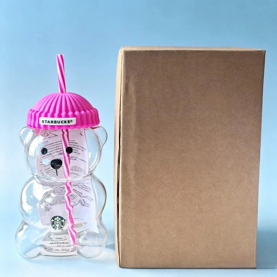 Starbucks Bearista Rose Red Bear Glass Tumbler Cold Cup w/ Straw 20oz 591ml