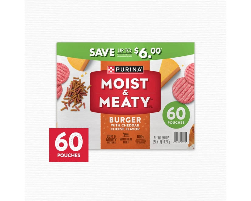 Purina Moist &amp; Meaty Burger w/ Cheddar Cheese Flavor Adult Dog Food, 6 oz., 60ct