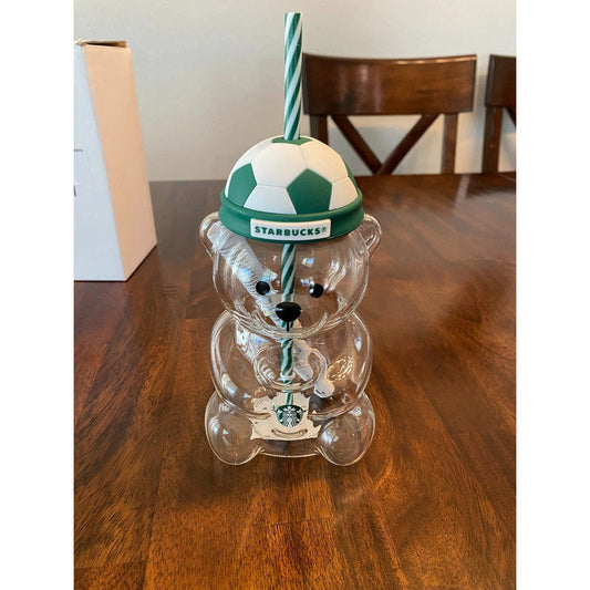 Starbucks FIFA World Cup Bearista Bear Glass Tumbler Soccer Ball Lid Cold Cup Starbucks
